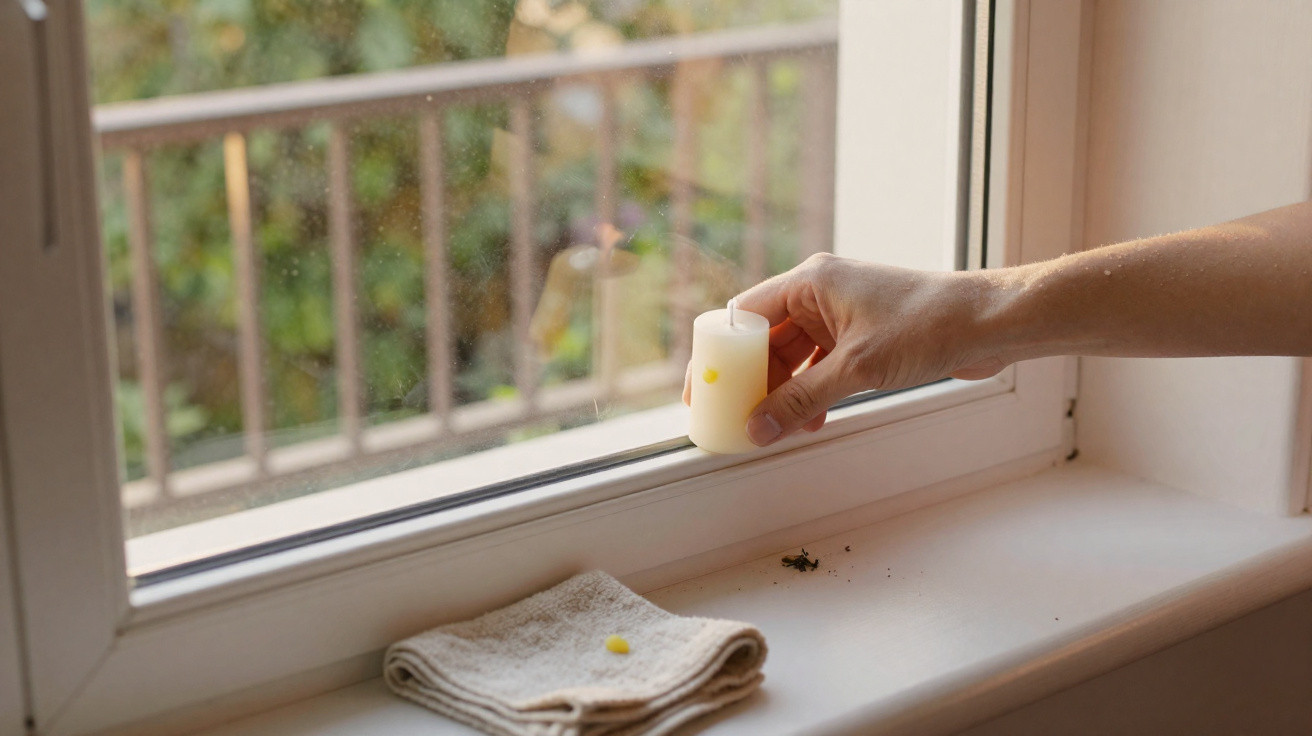 Hand platziert brennende Kerze auf Fensterbank mit Tuch und Insektenrest bei Tageslicht.