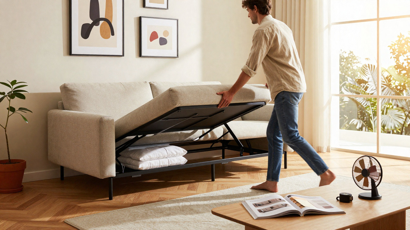 Mann hebt Sitzfläche eines Sofas mit integriertem Stauraum in hellem Wohnzimmer an.