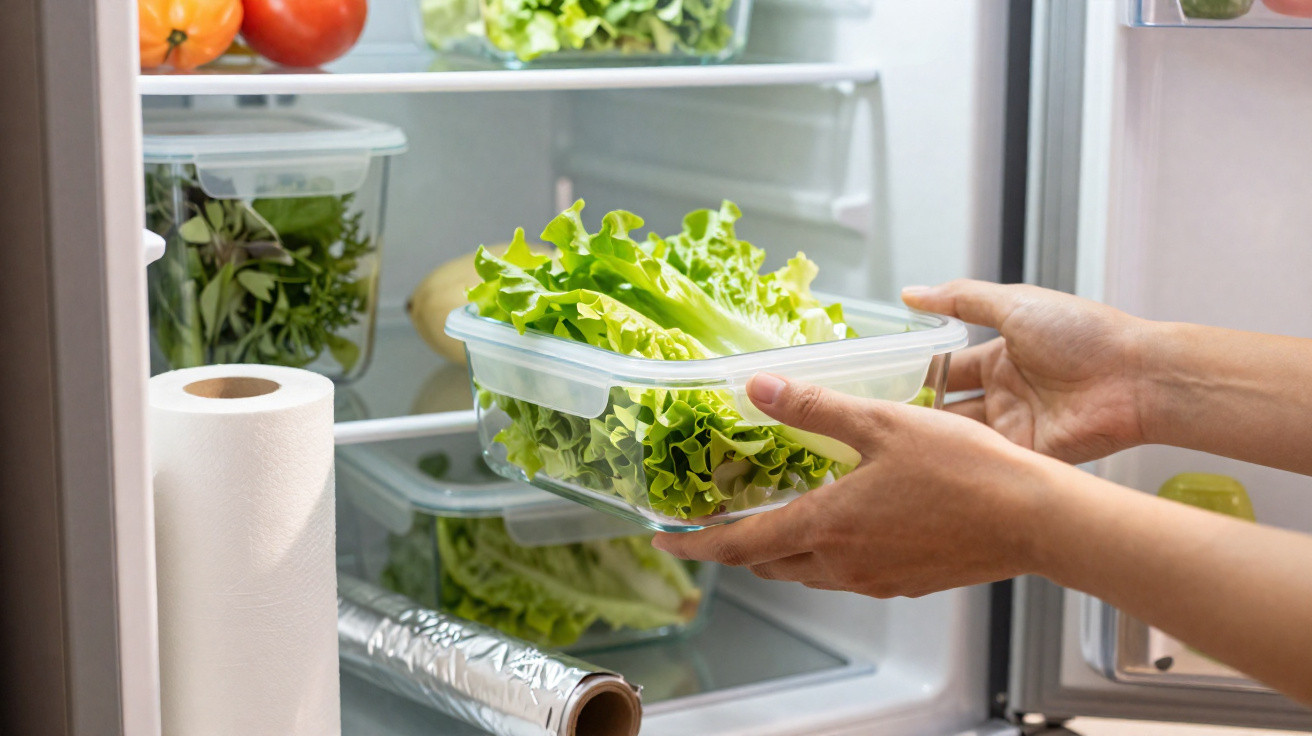 Person legt frischen Salat in Frischhaltedose in Kühlschrank mit Gemüse und Küchenrolle.