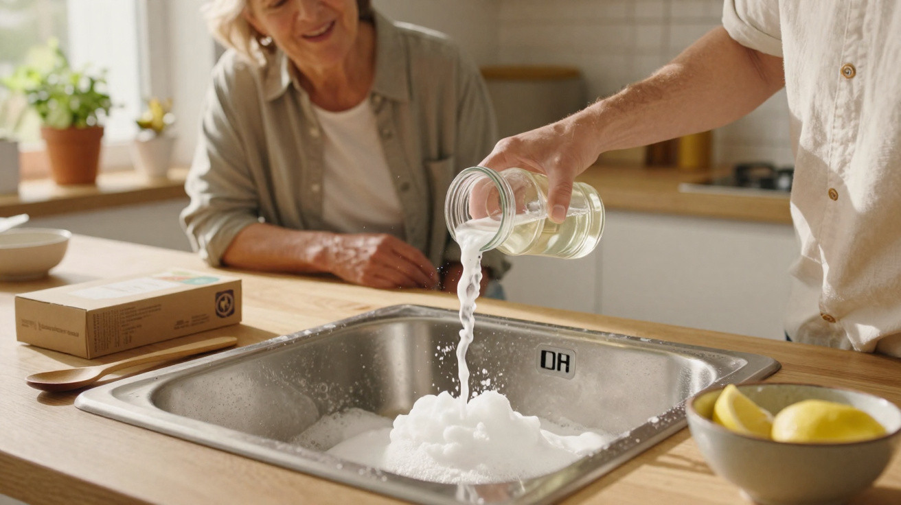 Person gießt Flüssigkeit in Spüle mit schäumendem Wasser, ältere Frau schaut lächelnd zu.