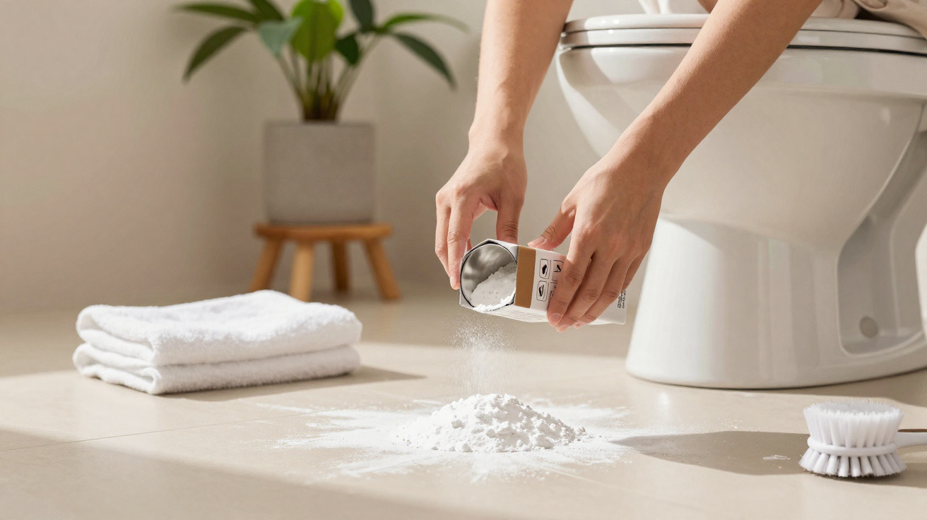 Person streut Pulver auf den Badezimmerboden neben Toilette, Handtücher und Reinigungsbürste sichtbar.