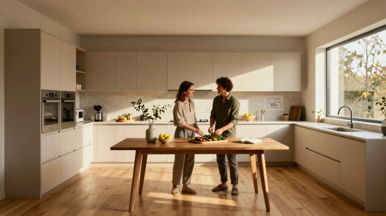 Zwei Personen bereiten gemeinsam Gemüse an einem Holztisch in einer modernen, hellen Küche vor.