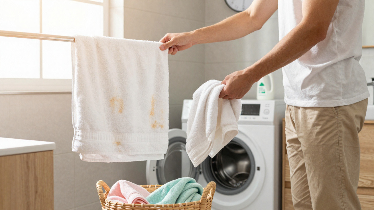 Person hält weißen Handtuch mit Rostflecken neben Waschmaschine im hellen Waschraum.