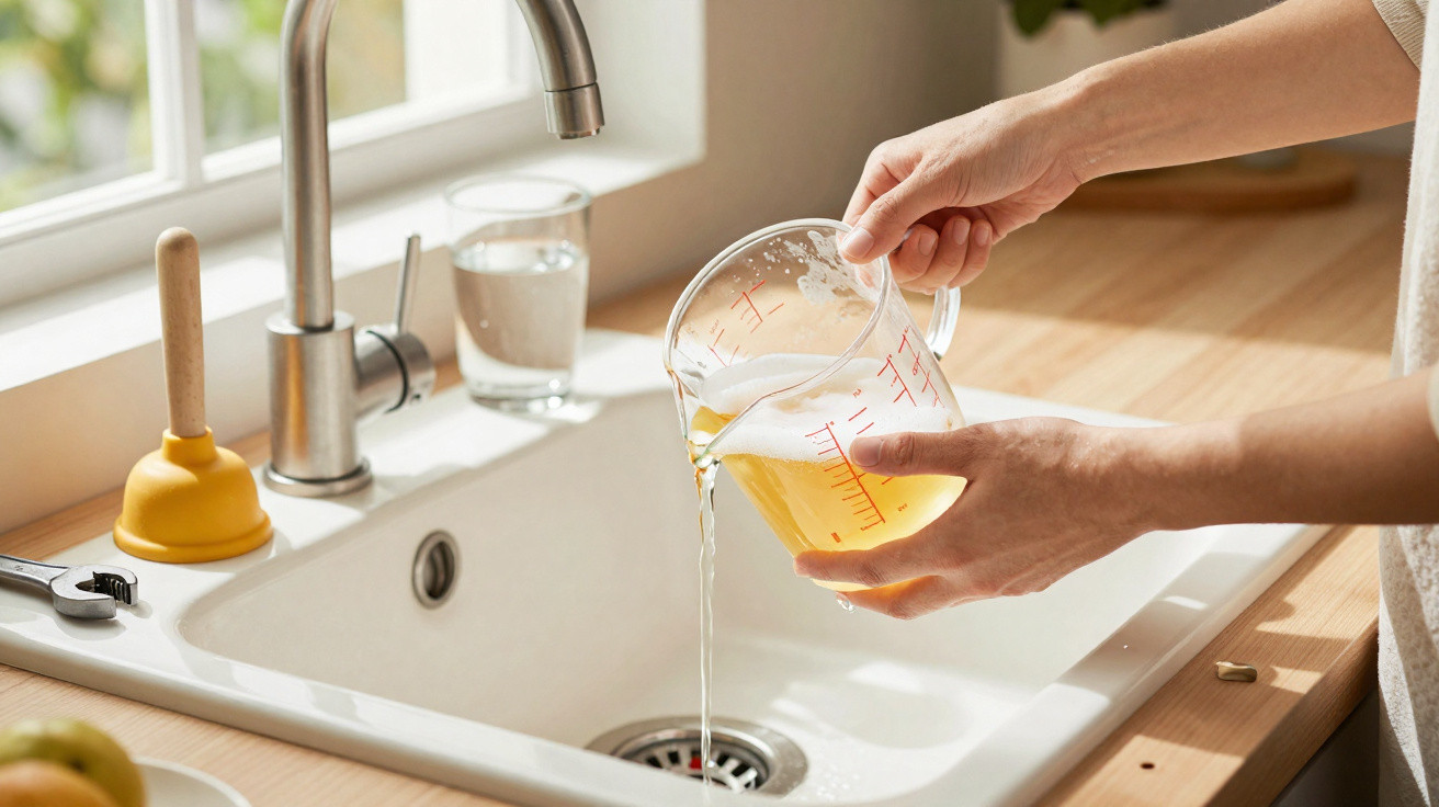 Person gießt schmutziges Wasser aus einem Messbecher in die Küchenspüle neben einem Gummisauger.