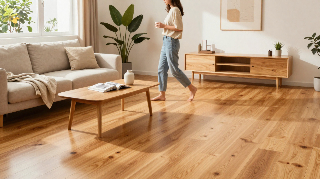 Frau mit Tasse in modernem Wohnzimmer mit Holzfußboden, Sofa, Couchtisch und Pflanzen bei Tageslicht.
