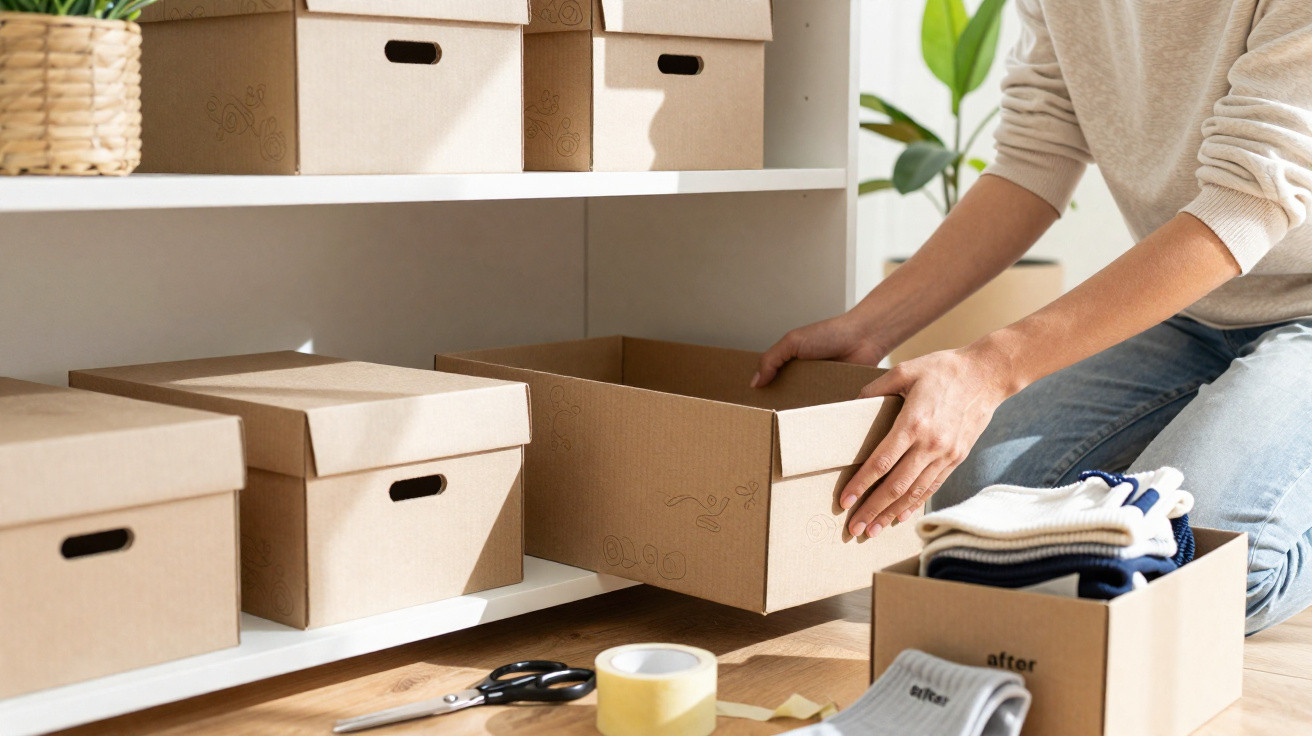 Person verstaut Kleidung in Pappkartons neben einem Regal mit weiteren geschlossenen Kartons und Verpackungsmaterial.