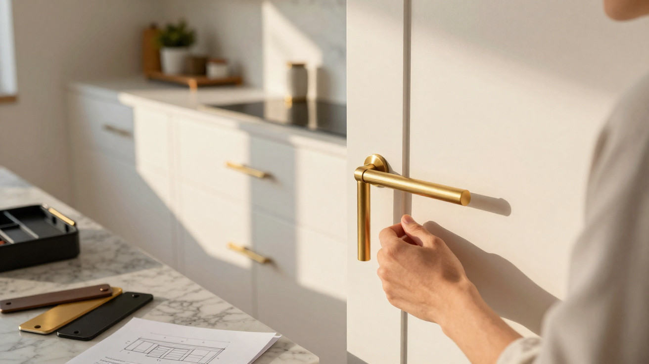 Hand öffnet goldfarbenen Türgriff einer weißen Küchenschranktür bei Tageslicht.