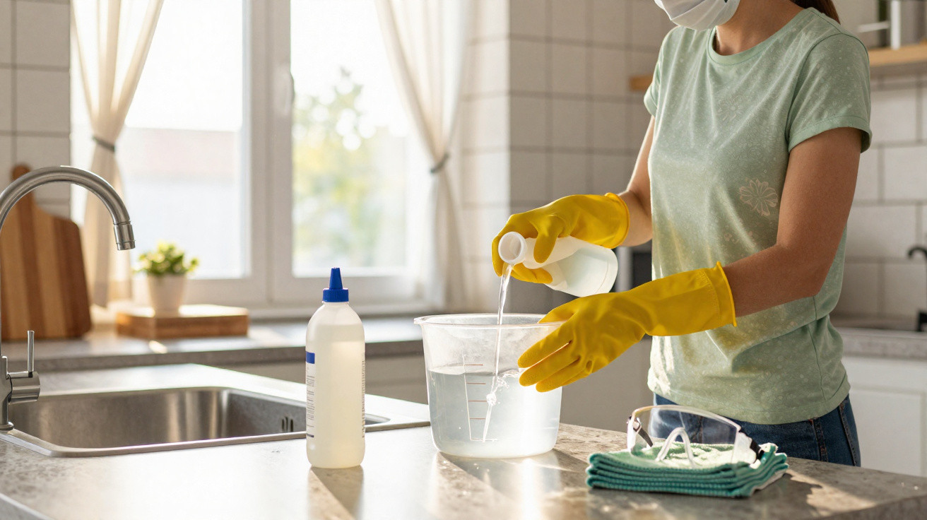 Person mit Mundschutz und Gummihandschuhen mischt Flüssigkeit in Eimer auf hellen Küchentresen.