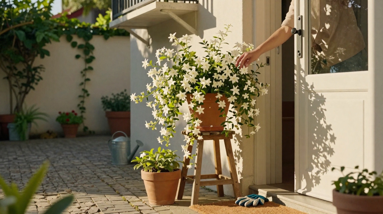 Hand berührt weiße blühende Pflanze in Topf auf Holzstuhl vor offener Haustür im sonnigen Garten.