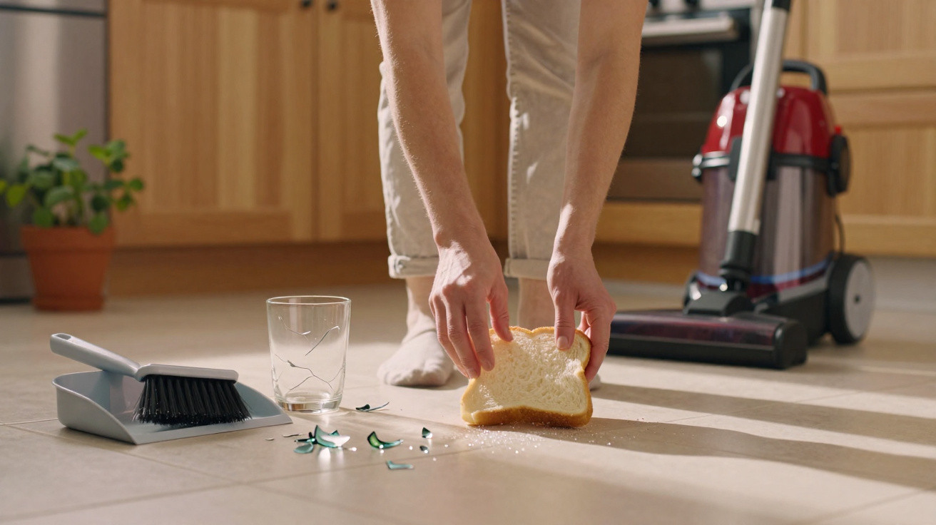 Person sammelt Brot mit zerbrochenem Glas auf Küchenboden neben Staubsauger und Kehrschaufel auf.