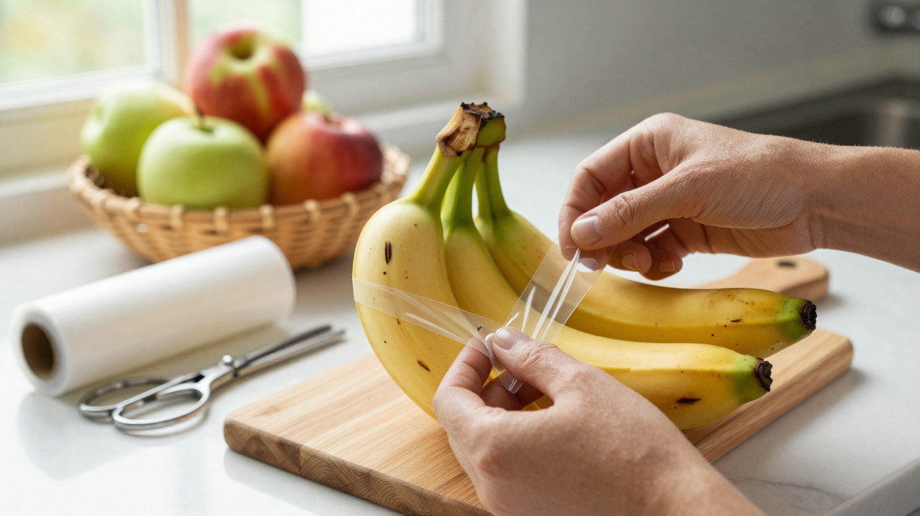 Zwei Hände wickeln Folie um einen Bananenbund auf einem Holzbrett in einer Küchenumgebung.