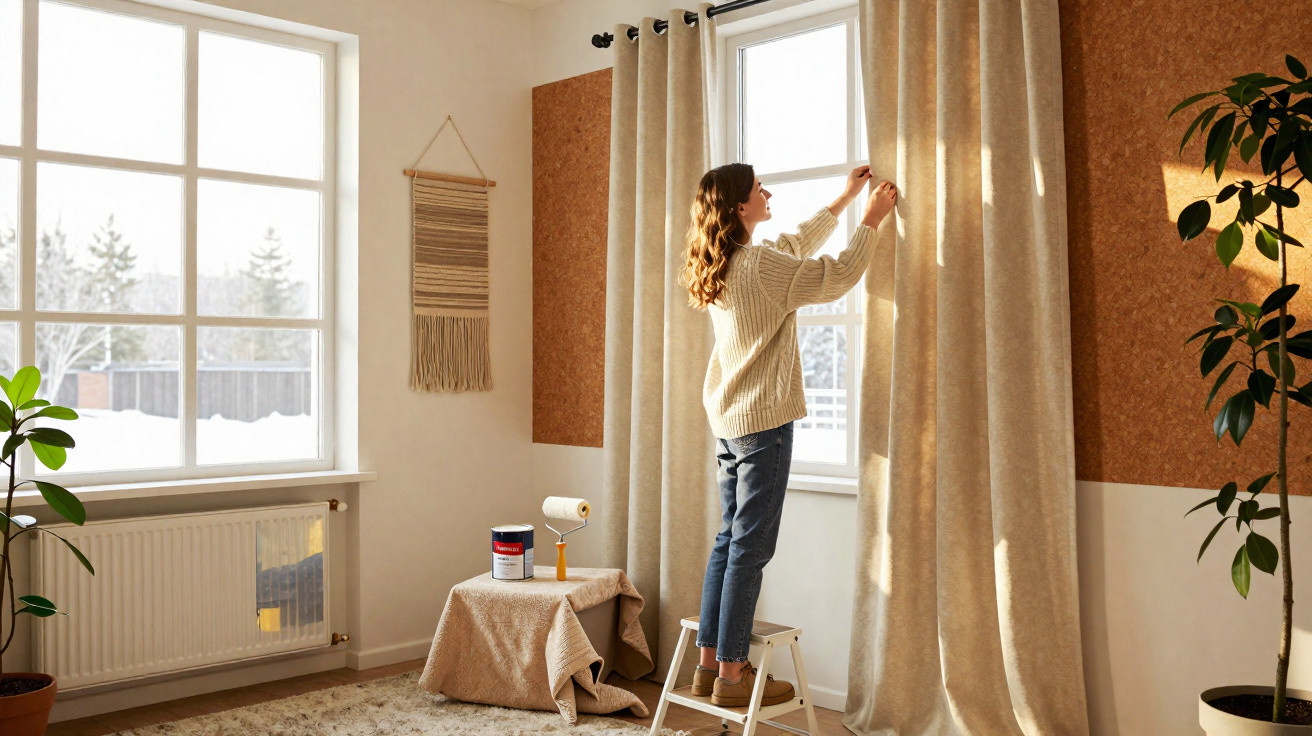 Frau auf einem Hocker hängt helle Vorhänge in einem hellen, modern eingerichteten Wohnzimmer auf.
