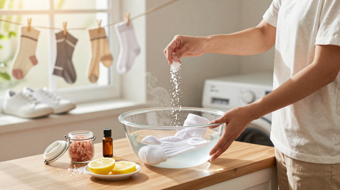 Person gibt Waschpulver in Schüssel mit Wasser und weißen Socken, Wäscheleine mit Socken im Hintergrund.