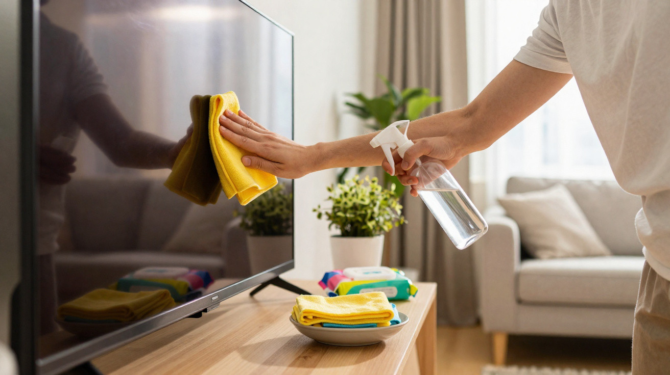 Person reinigt mit gelbem Tuch und Sprühflasche den Bildschirm eines modernen Fernsehers im Wohnzimmer.