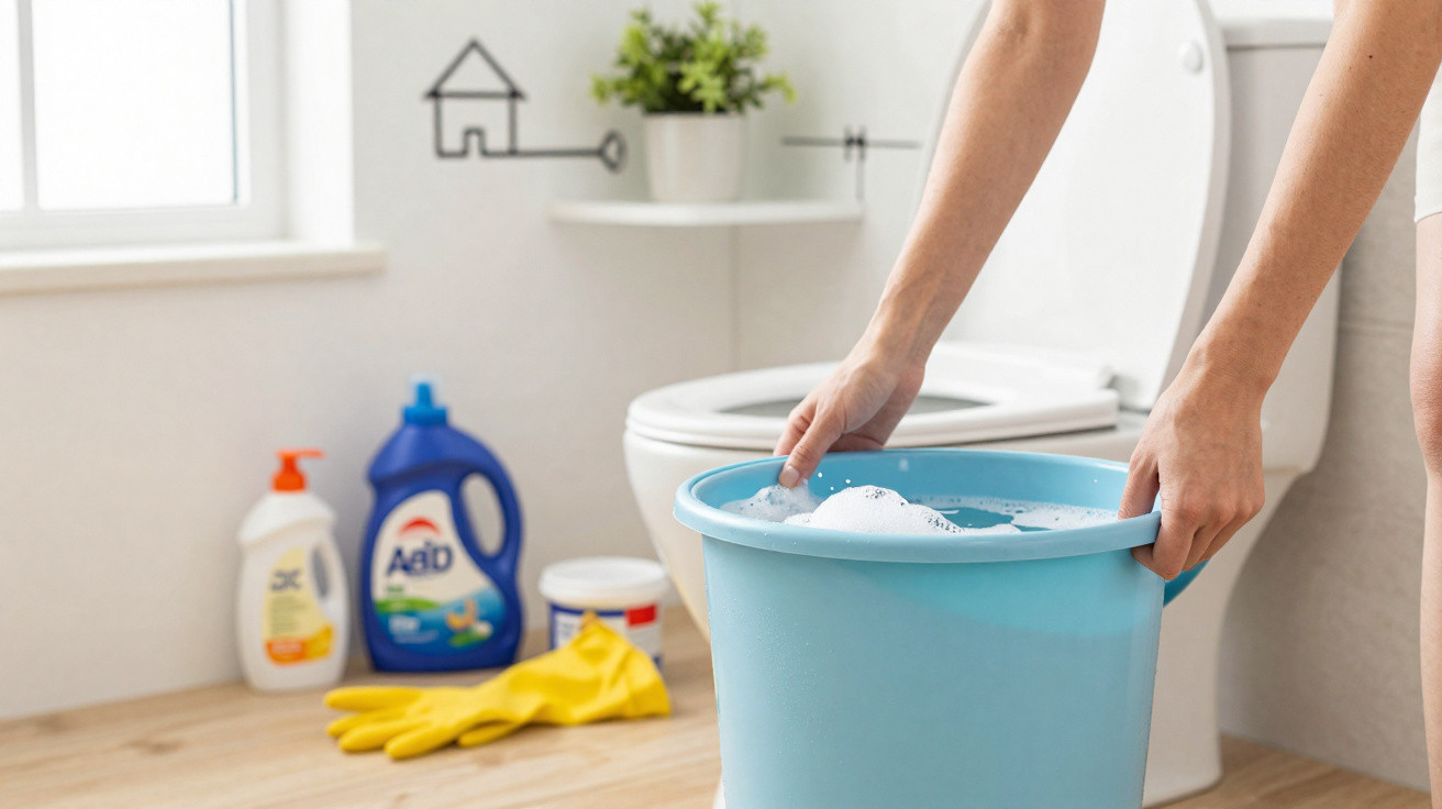 Person hält blauen Eimer mit Seifenwasser neben Toilette, Reinigungsmittel und Gummihandschuhe liegen auf Boden.