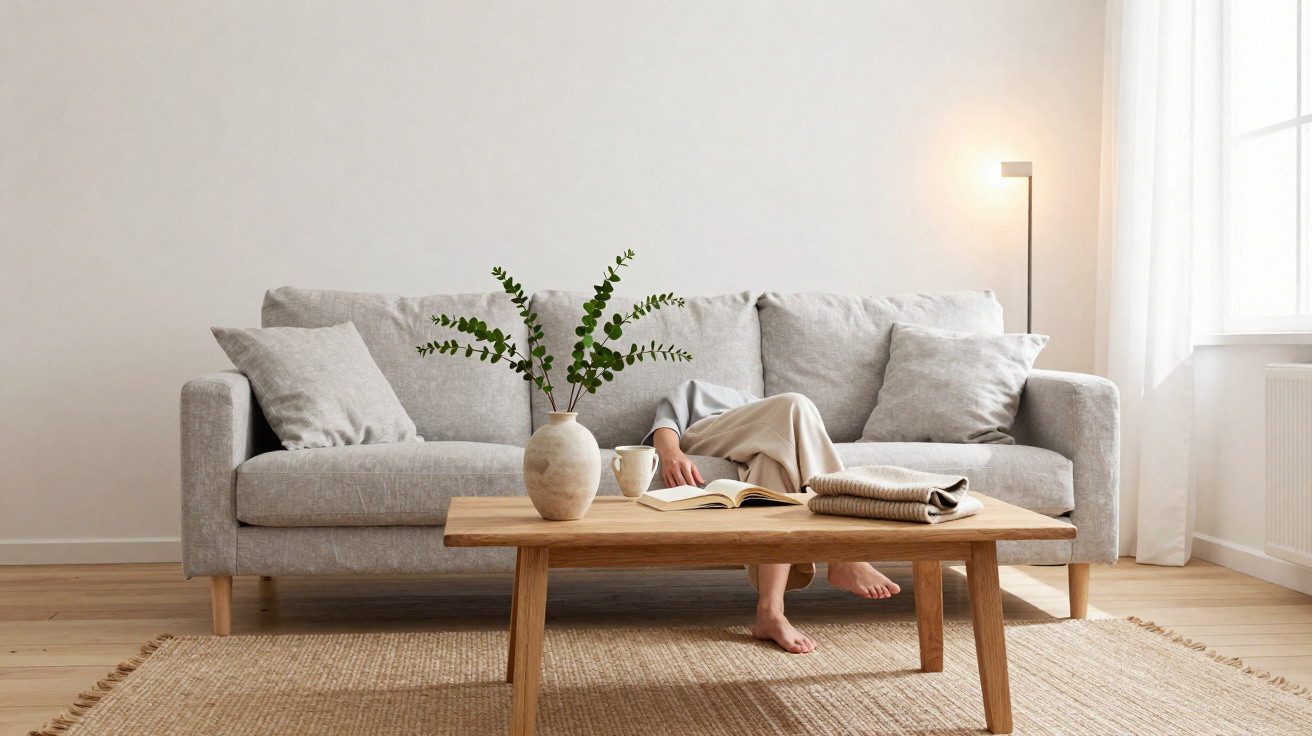 Gemütliches Wohnzimmer mit grauem Sofa, hölzernem Couchtisch, Vase mit Zweigen und Person beim Lesen.