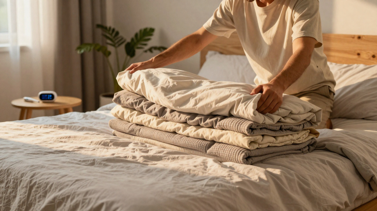 Mann faltet mehrere Decken auf einem großen, hellen Bett in einem gemütlichen Schlafzimmer.