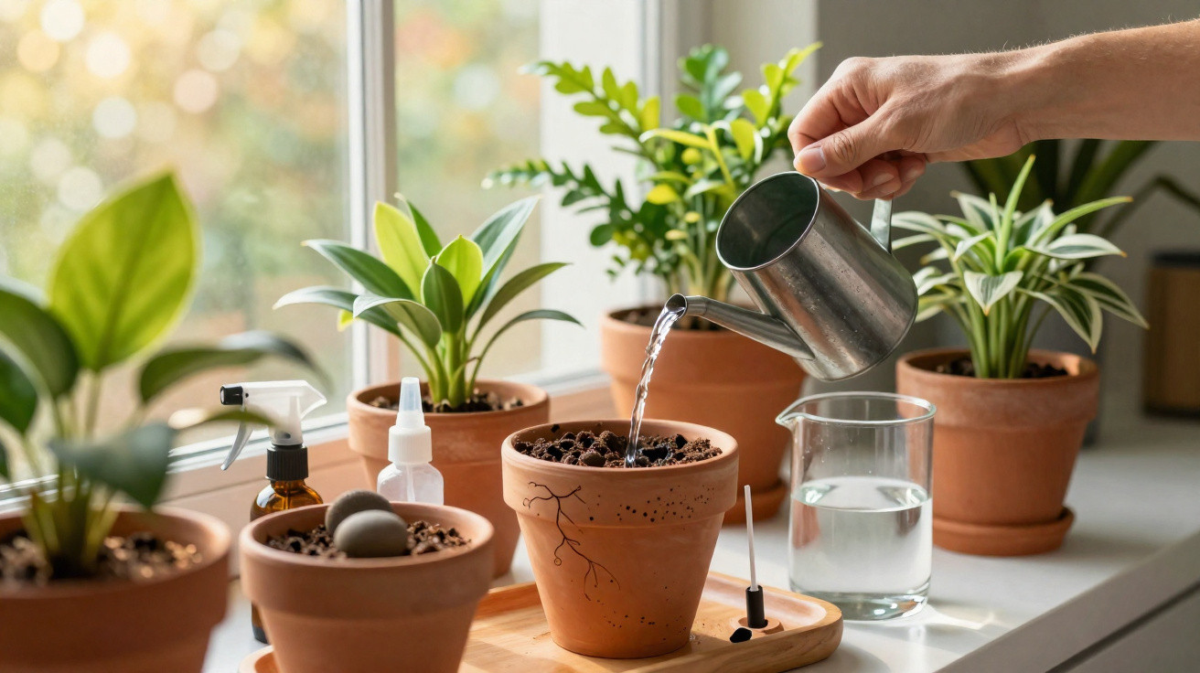 Hand gießt Wasser mit kleiner Gießkanne in Blumentopf, Fensterbank mit verschiedenen Zimmerpflanzen.