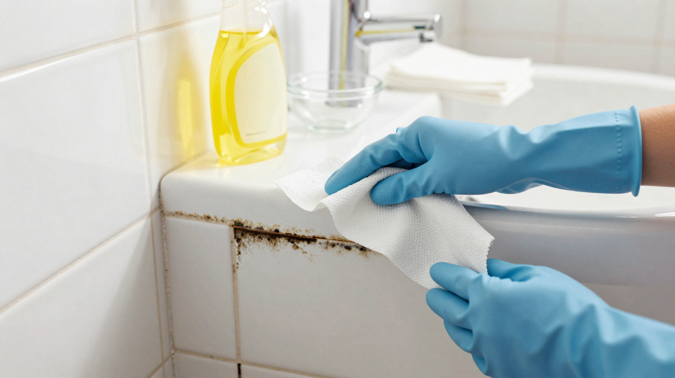 Person mit blauen Handschuhen reinigt Schimmel an Fliesenecke im Badezimmer mit Tuch.