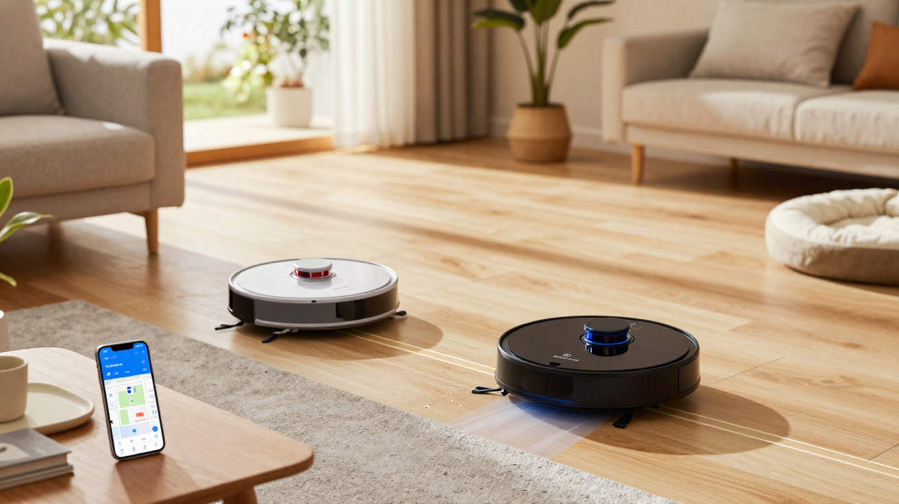 Zwei Saugroboter reinigen einen hellen Wohnraum mit Holzboden, neben einem Smartphone auf einem Tisch.