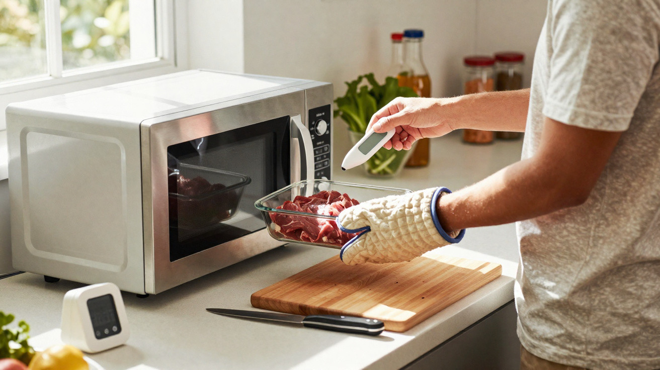 Person misst die Temperatur von rohem Fleisch in einer Glasschale neben Mikrowelle in der Küche.