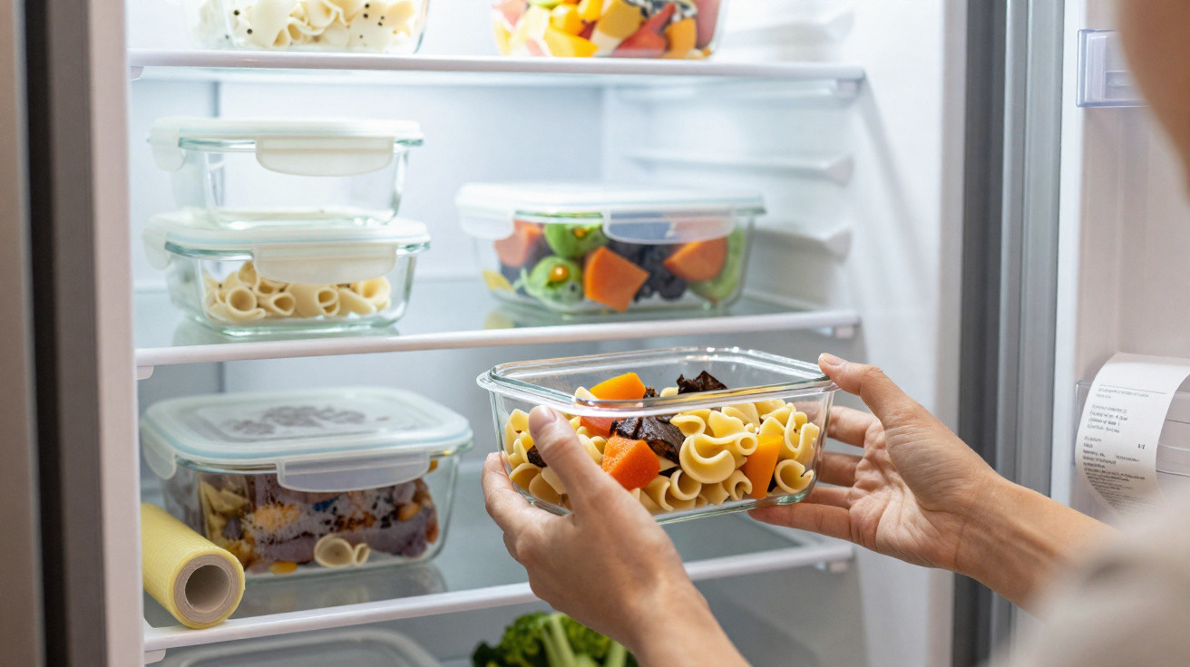 Person stellt Glasbehälter mit Nudeln und Gemüse in den Kühlschrank voller Plastikbehälter mit Essen.