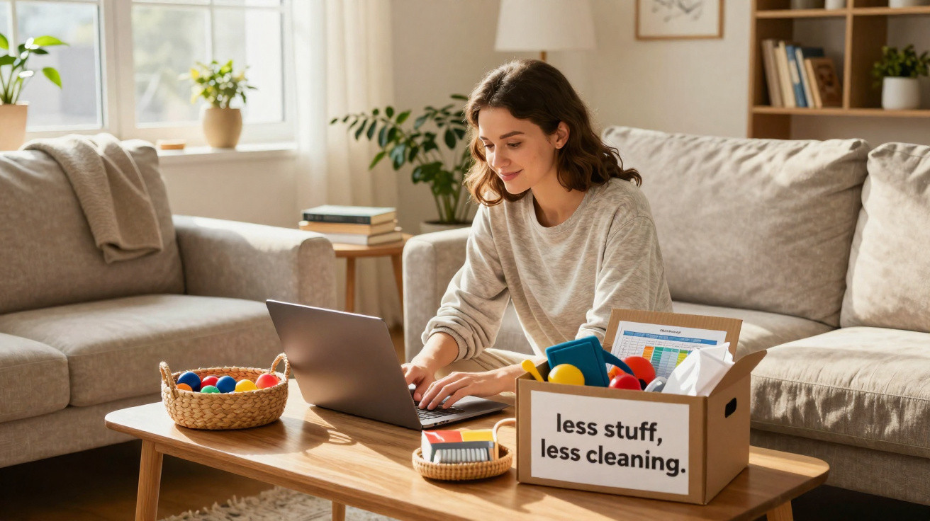 Frau sitzt am Couchtisch mit Laptop, Karton mit Spielzeug und Text „less stuff, less cleaning“ im Wohnzimmer.