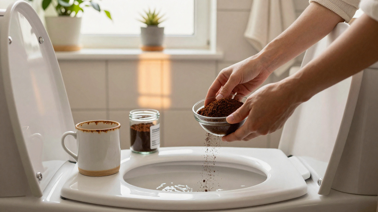 Hände, die Kaffeesatz in die Toilettenschüssel streuen, daneben Kaffeetasse und Glas mit Kaffeesatz.