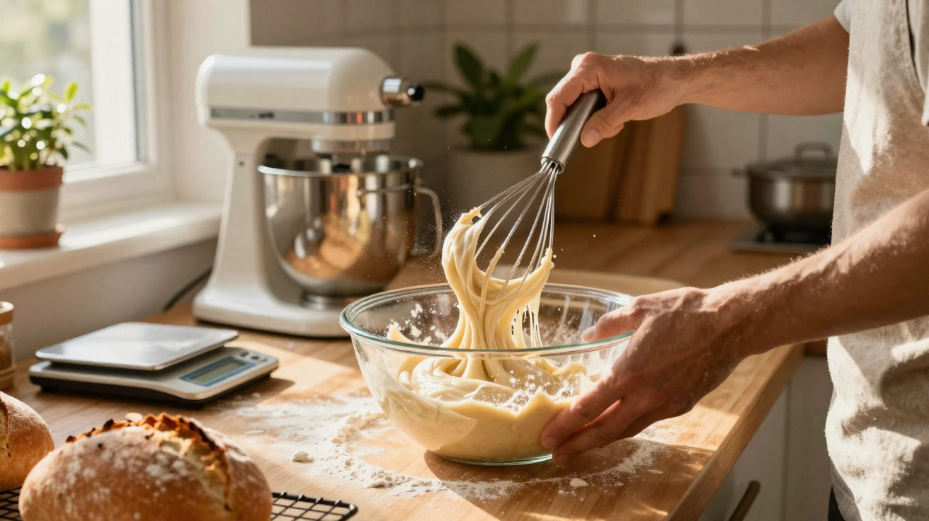 Person rührt Teig mit Schneebesen in Glasschüssel in einer hellen Küchenumgebung mit Brot und Küchenmaschine.