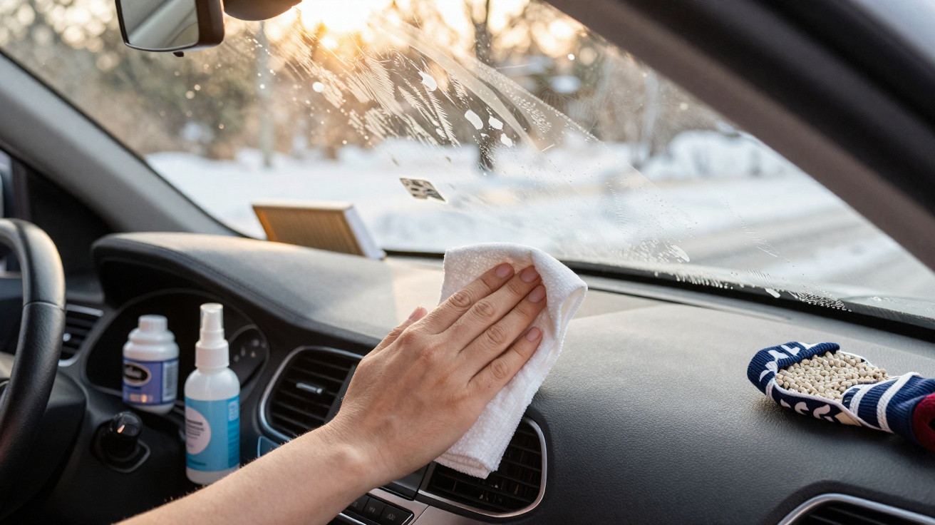 Hand wischt mit Tuch beschlagene Autoscheibe von innen bei Winterwetter frei.
