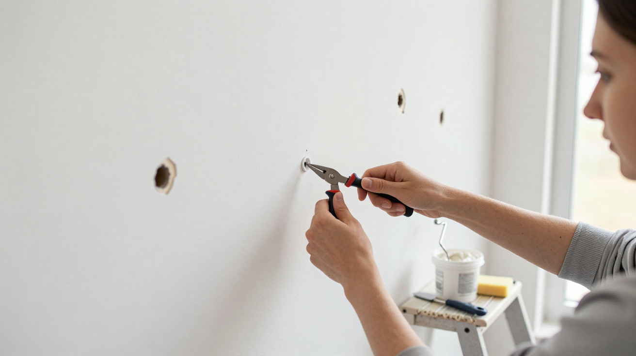 Frau repariert mit Zange Dübel an weißer Wand mit mehreren Löchern in hellem Raum.
