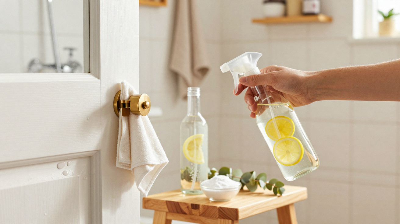 Hand hält Sprühflasche mit Wasser und Zitronenscheiben, Handtuch an Türklinke, Schüsseln auf Holzstuhl im Bad.
