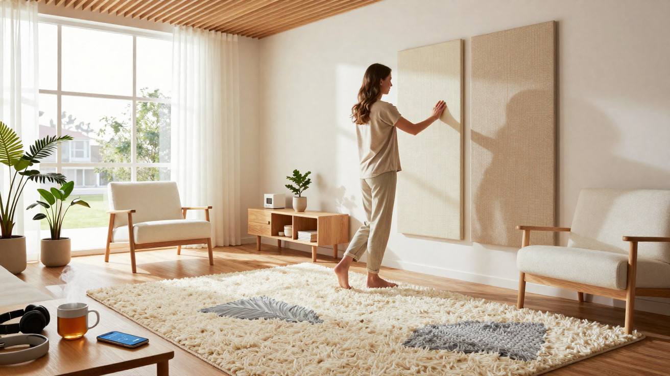 Frau berührt Wandpaneele in hellem Wohnzimmer mit großen Fenstern, Teppich und modernen Möbeln.