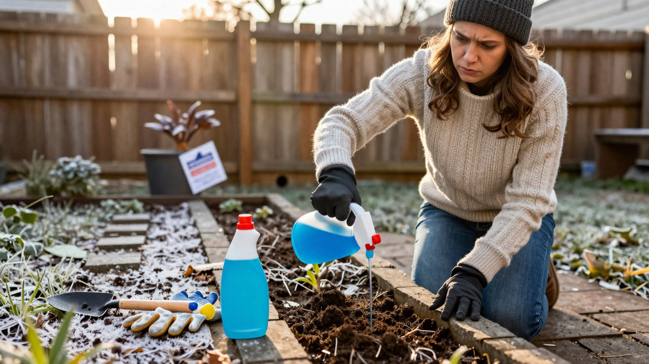 Frau im Winterkleidung gibt Flüssigdünger auf Beetseboden im frostigen Garten bei Sonnenaufgang.