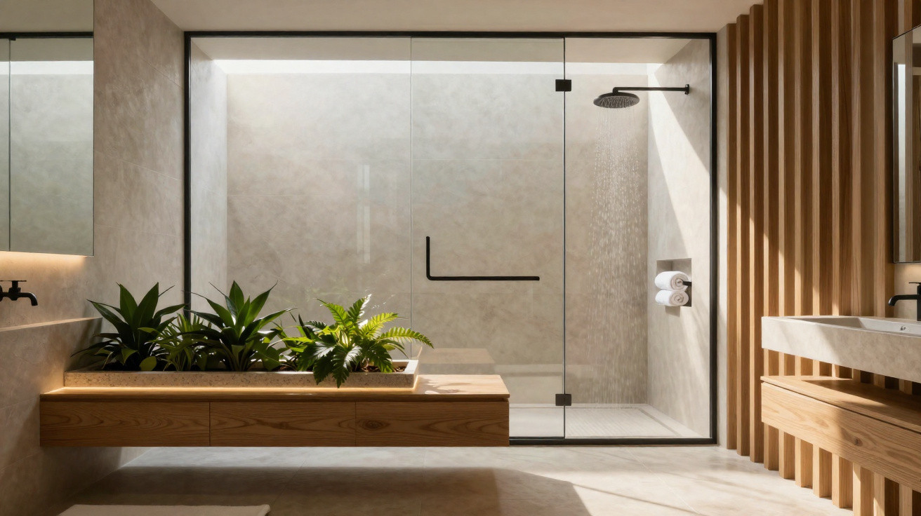 Modernes Badezimmer mit Dusche, Holzwaschtisch und grünen Pflanzen in schlichter, heller Gestaltung.