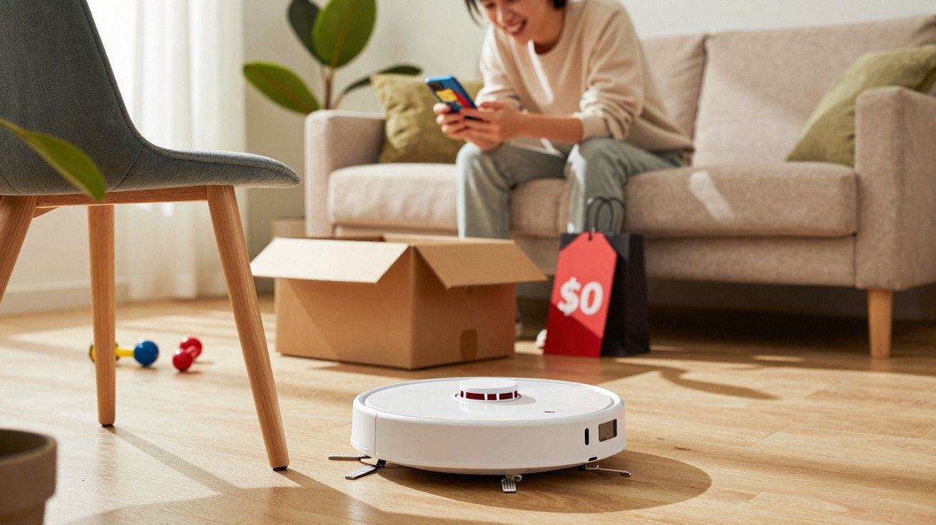 Frau sitzt auf Sofa und schaut auf Handy, während ein weißer Saugroboter den Boden im Wohnzimmer reinigt.