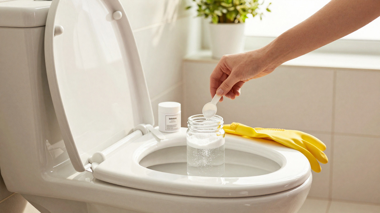 Hand mischt Reinigungspulver in Wasser vor einer geöffneten Toilettenschüssel, gelbe Handschuhe liegen daneben.