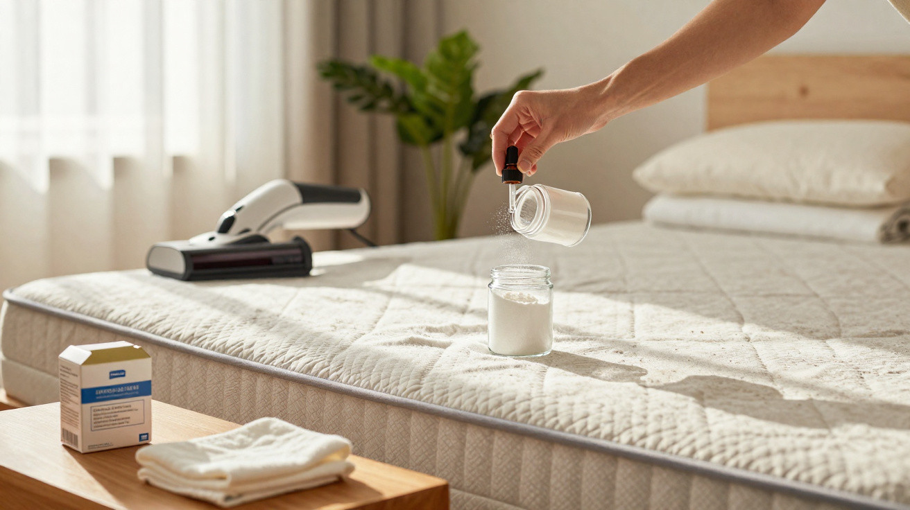 Hand sprüht Puder auf Matratze, Staubsauger und Bettwäsche im hintergrund, helle Schlafzimmeratmosphäre.