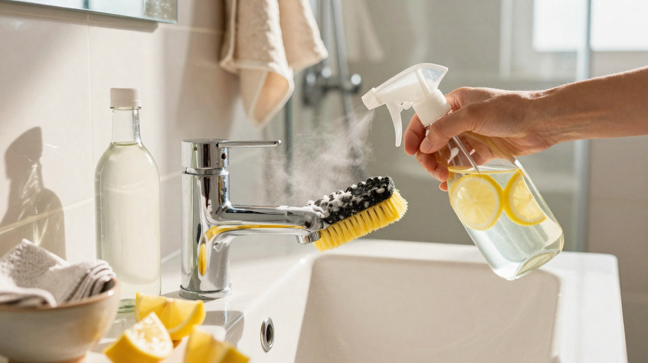 Hand sprüht Zitronenreiniger auf Badezimmerarmatur mit Bürste und Waschbecken im Hintergrund.