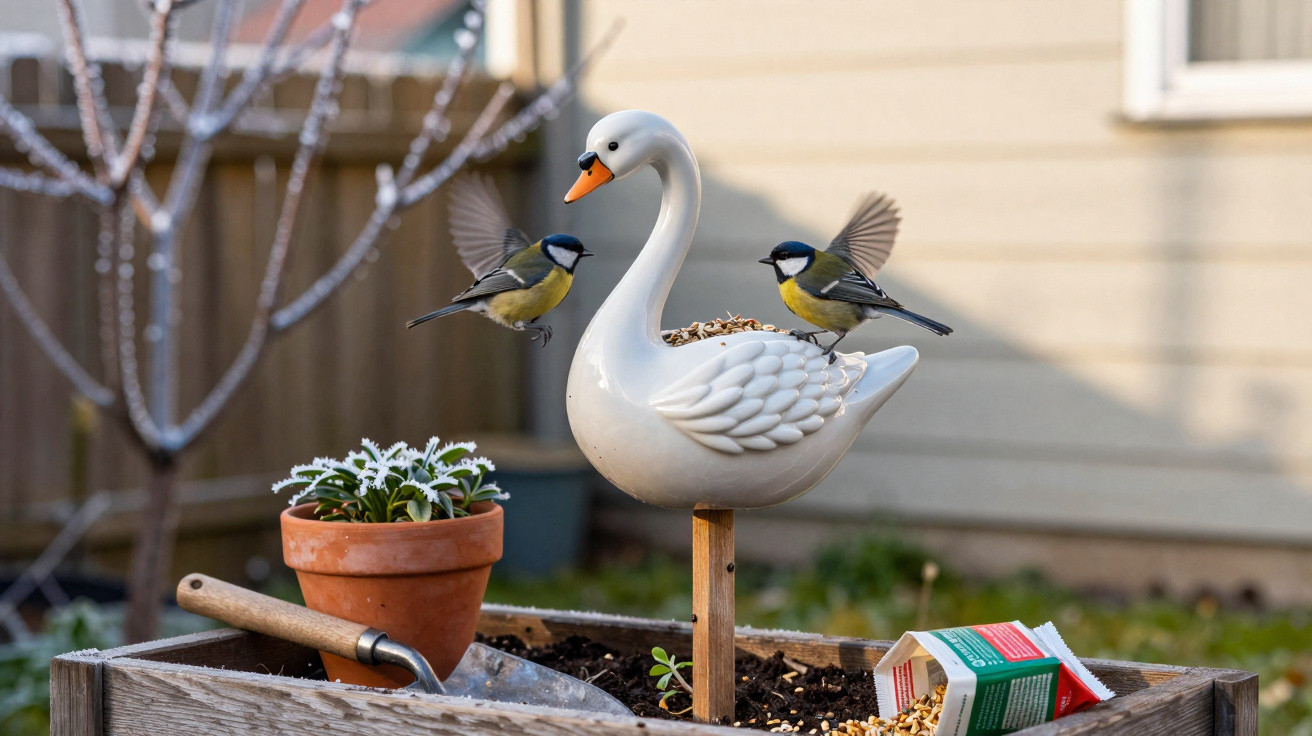 Zwei Kohlmeisen landen auf einem weißen Schwan-förmigen Vogelfutterhäuschen im Garten.