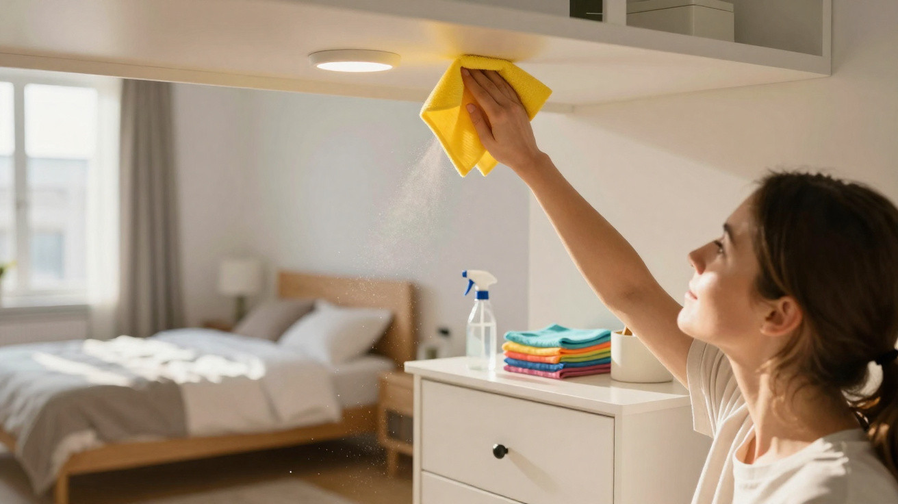Frau wischt mit gelbem Tuch ein Regal in hellem Schlafzimmer mit Bett und Kommode ab.