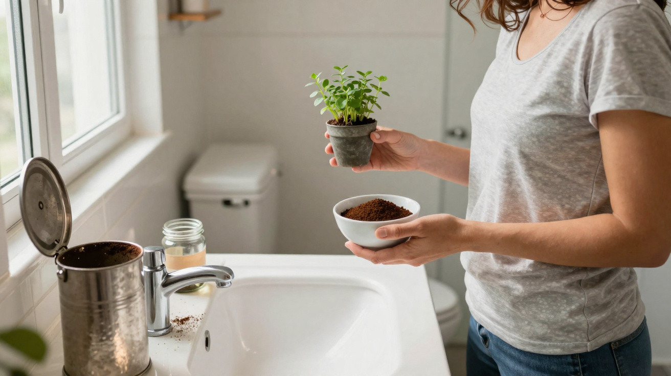 Frau im Badezimmer hält einen Blumentopf und eine Schale mit Erde über dem Waschbecken.