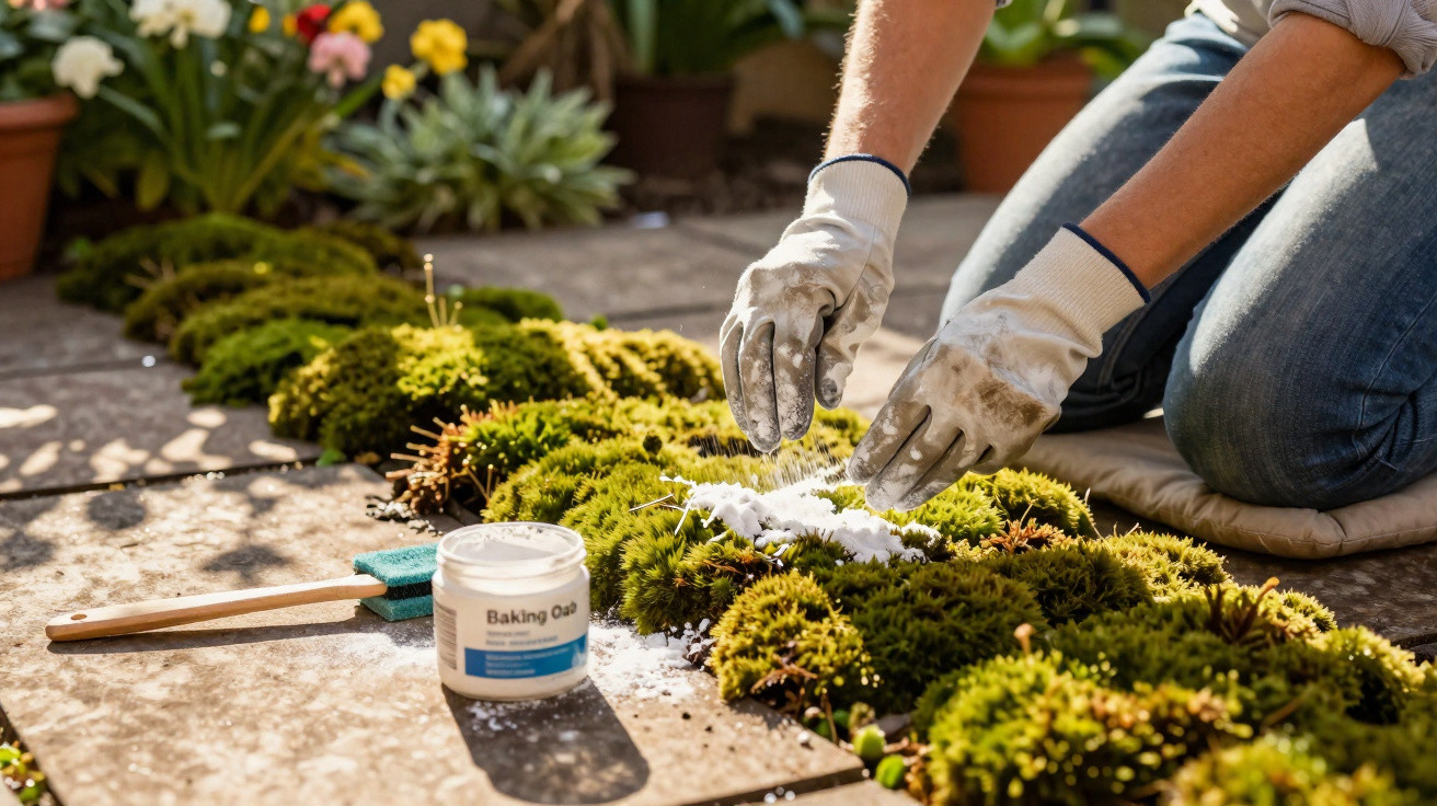 Person mit Handschuhen streut Backpulver auf Moos im Garten auf Steinplatten.