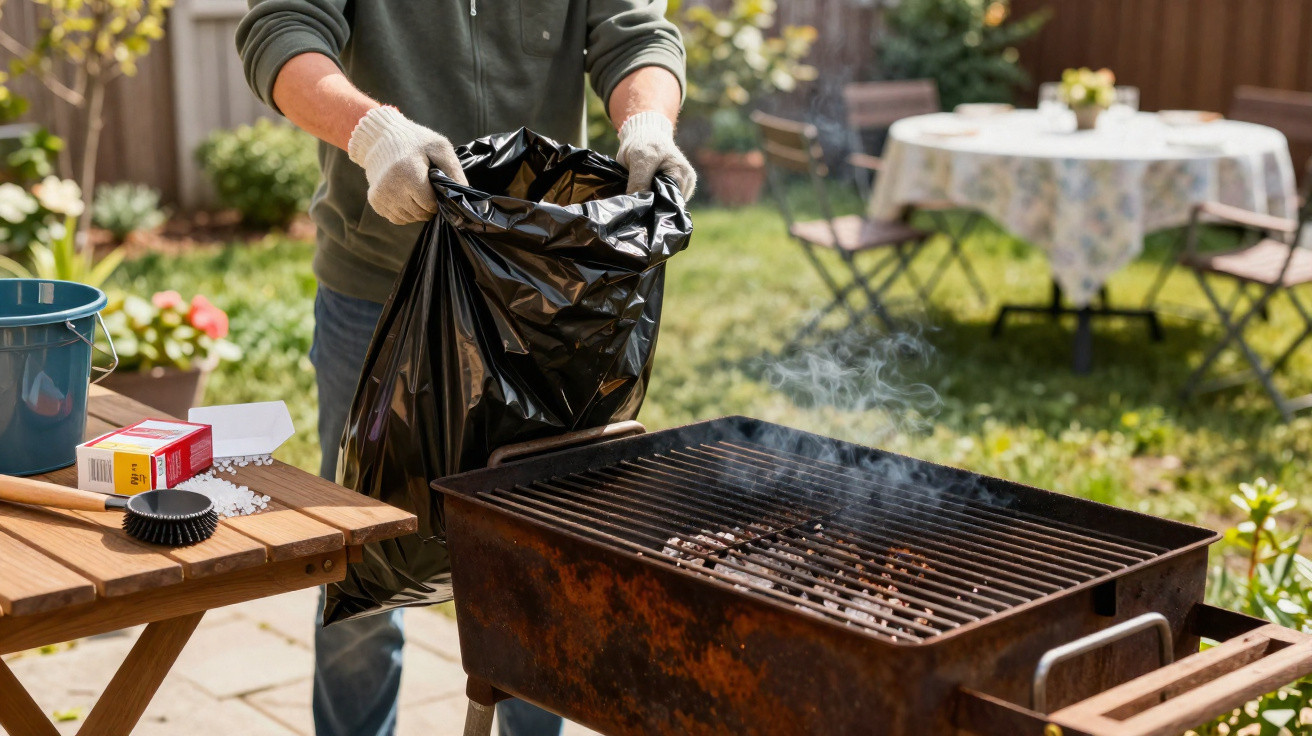 Person leert Grillkohle aus einem schwarzen Beutel neben einem rostigen Grill im Garten.