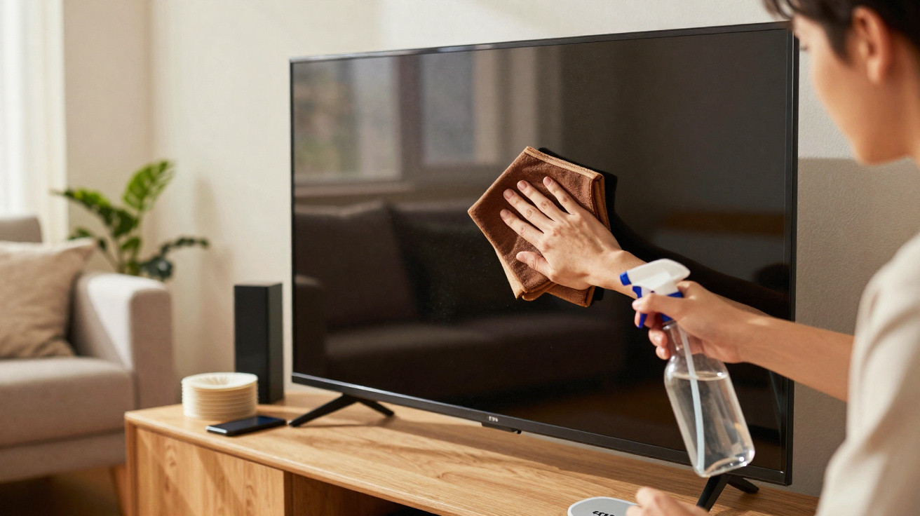 Person reinigt mit Sprayflasche und Tuch den Bildschirm eines Flachbildfernsehers im Wohnzimmer.