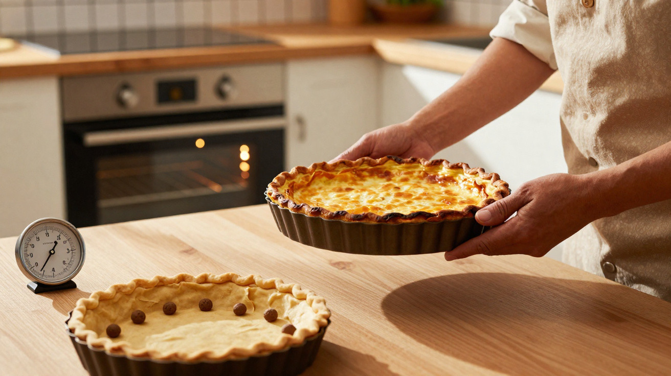 Person hebt frisch gebackenen Käsekuchen aus Backform, daneben ungebackener Teig mit Schokokugeln auf Tisch.