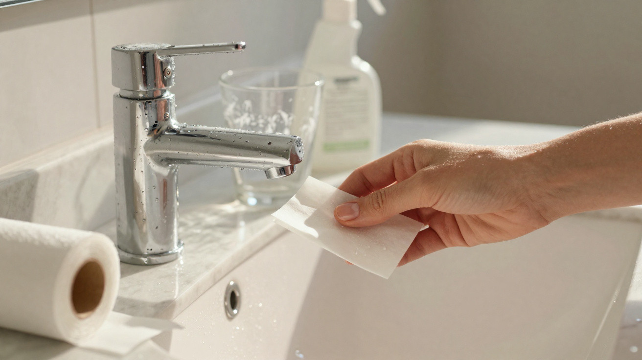 Nahaufnahme einer Hand, die ein feuchtes Tuch am Waschbecken mit Chromarmatur hält.