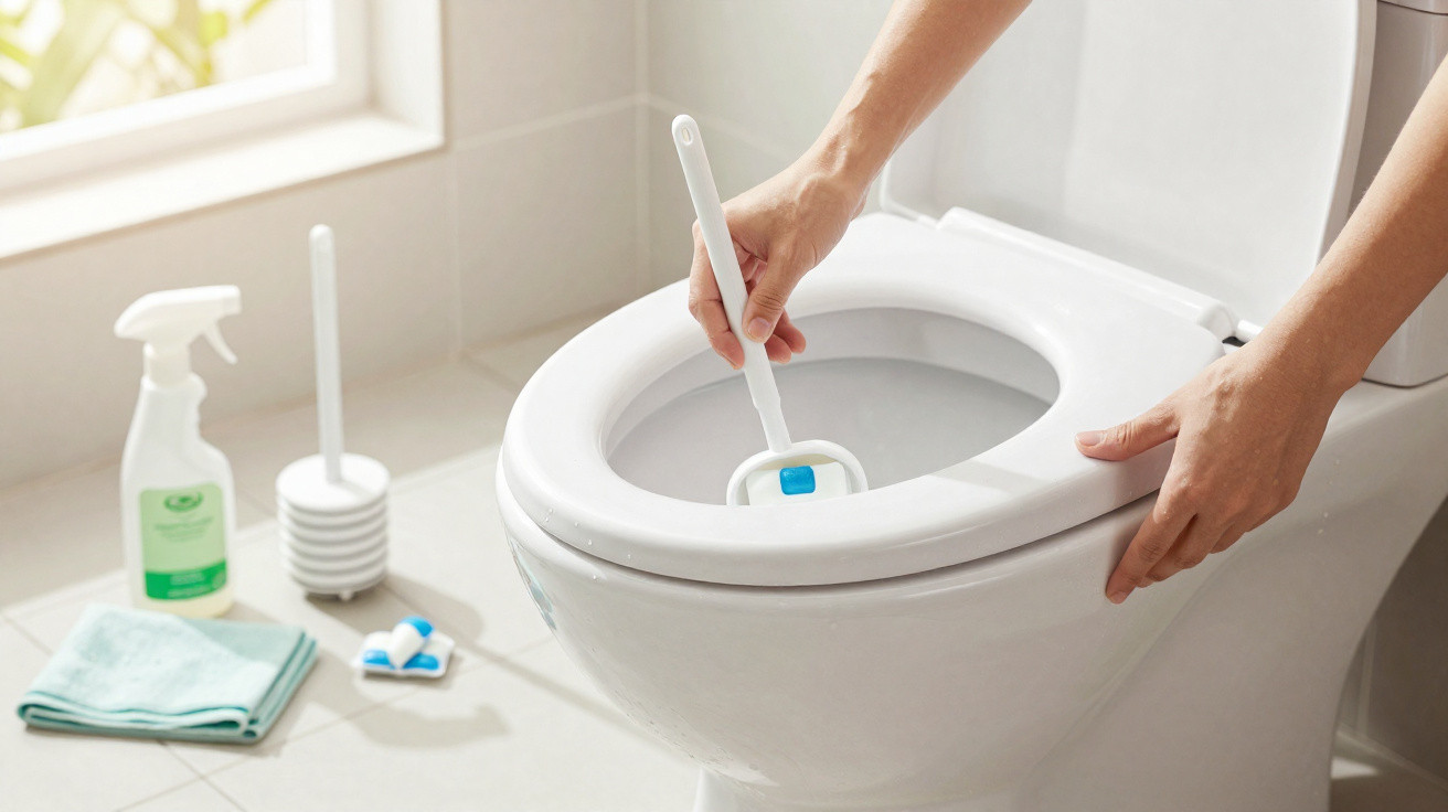 Person reinigt mit Bürste die Innenseite einer weißen Toilette in hellem Badezimmer.