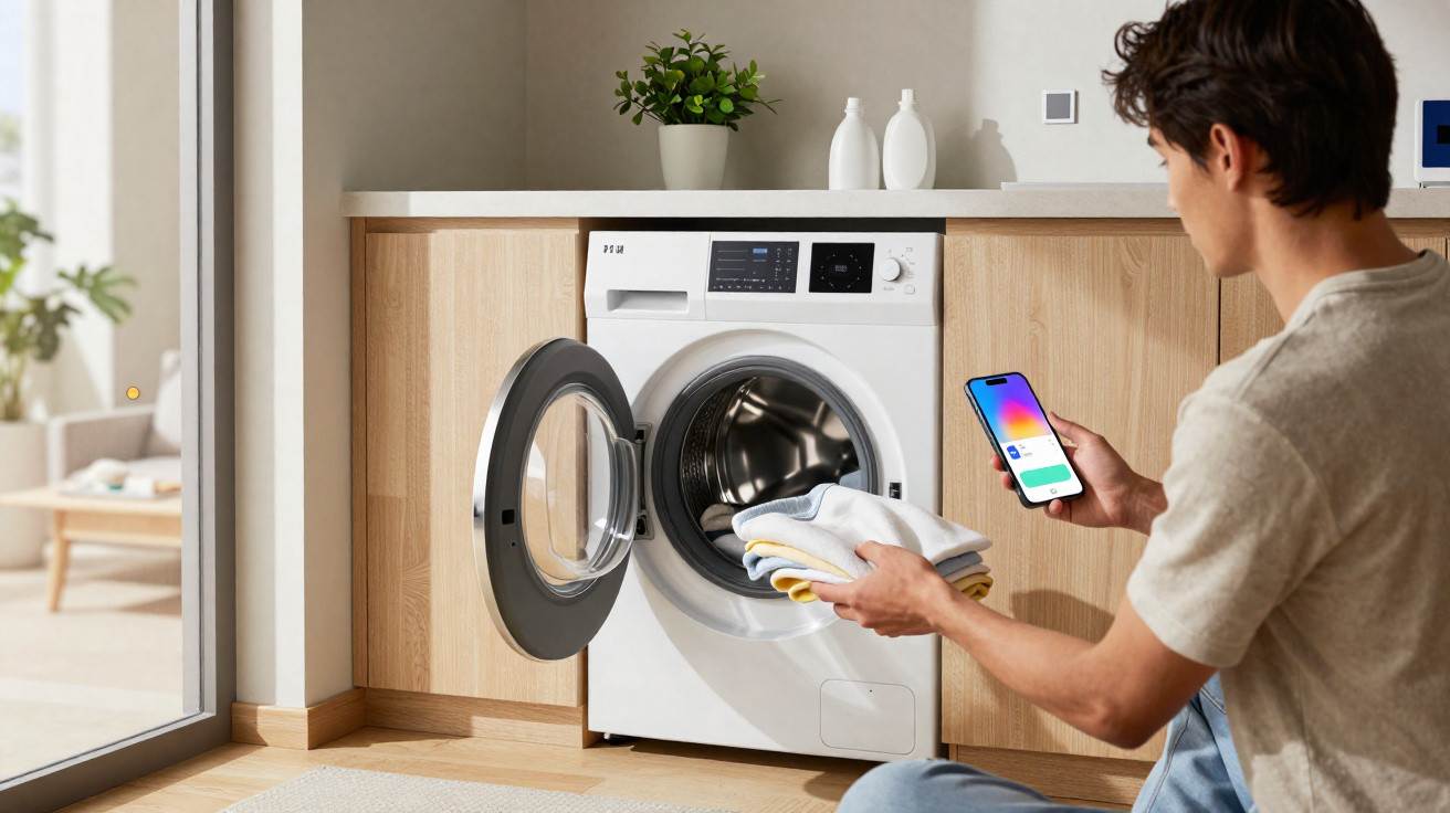 Mann lädt Wäsche in smarte Waschmaschine und steuert sie mit Smartphone in modernem Wohnzimmer.