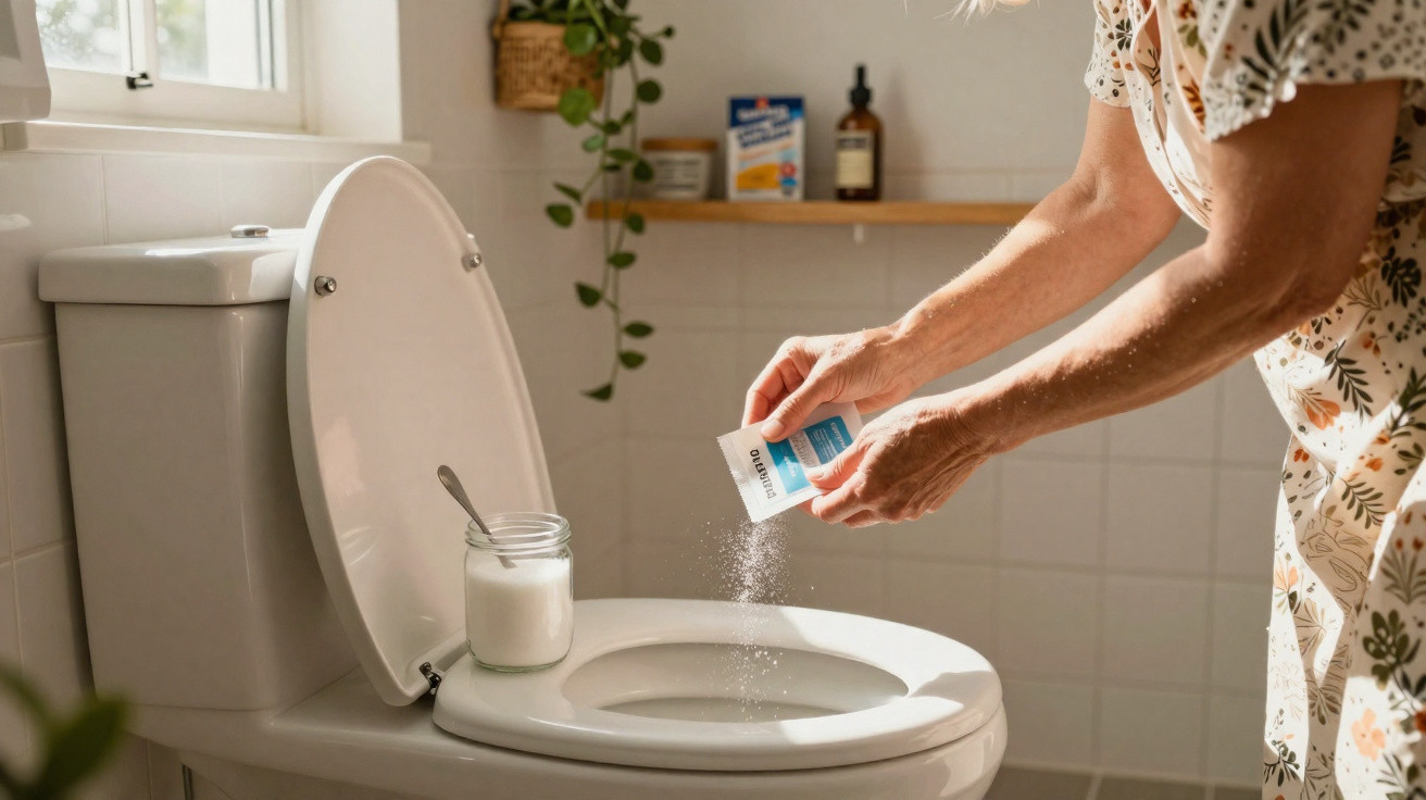 Frau streut Reinigungs- oder Desinfektionspulver in Toilette im hellen Badezimmer.